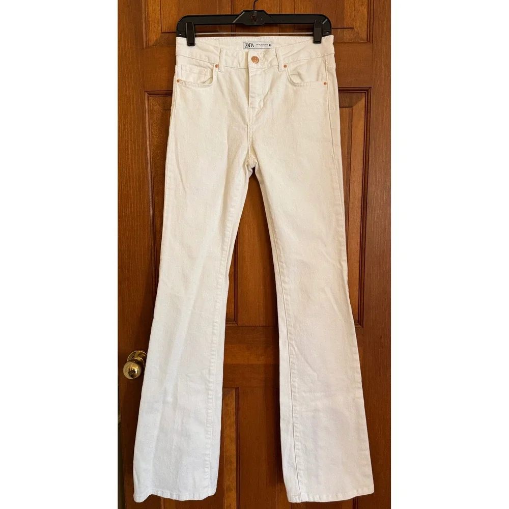 Zara Flare Jeans Womens Size 4 White Rear Split Hem Stretch‎ Denim